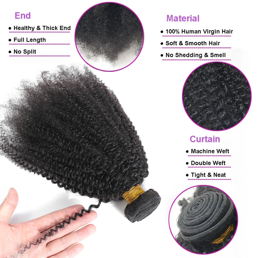 4C Afro Kinky Curly Virgin Brazilian Human Hair Weft Extensions Bundle for African Black Women Weaving Hair