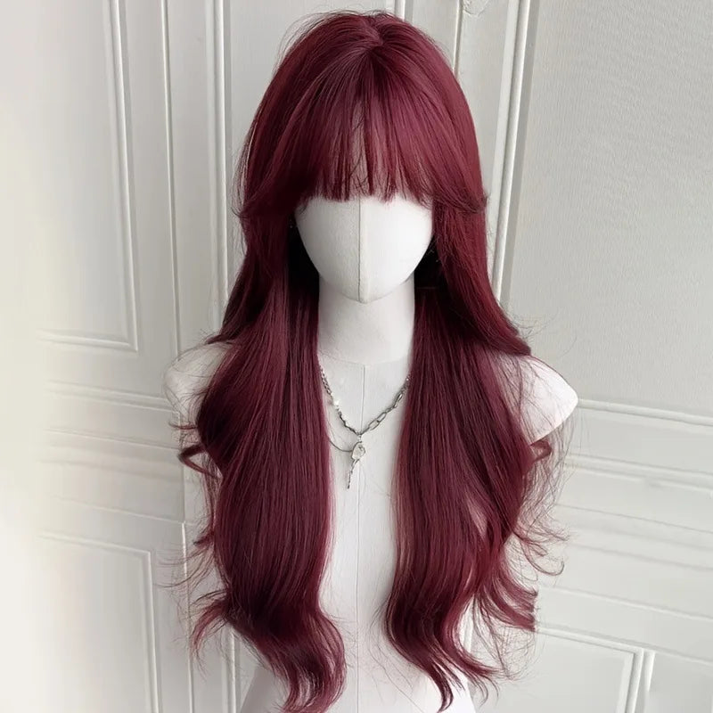 Red wine color synthetic wig with big waves for Halloween party, Cosplay wig, everyday wig, high-temperature hair fiber wig set