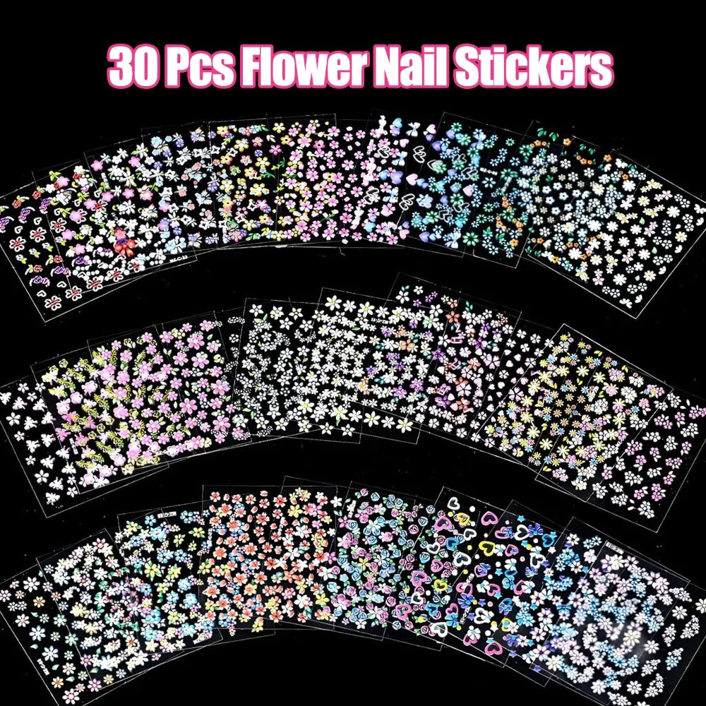 30 Sheets Flower Nail Stickers Colorful Nail Decals for Nail Art 3D Self Adhesive, Floral, Heart, Nail Art Stickers Decals