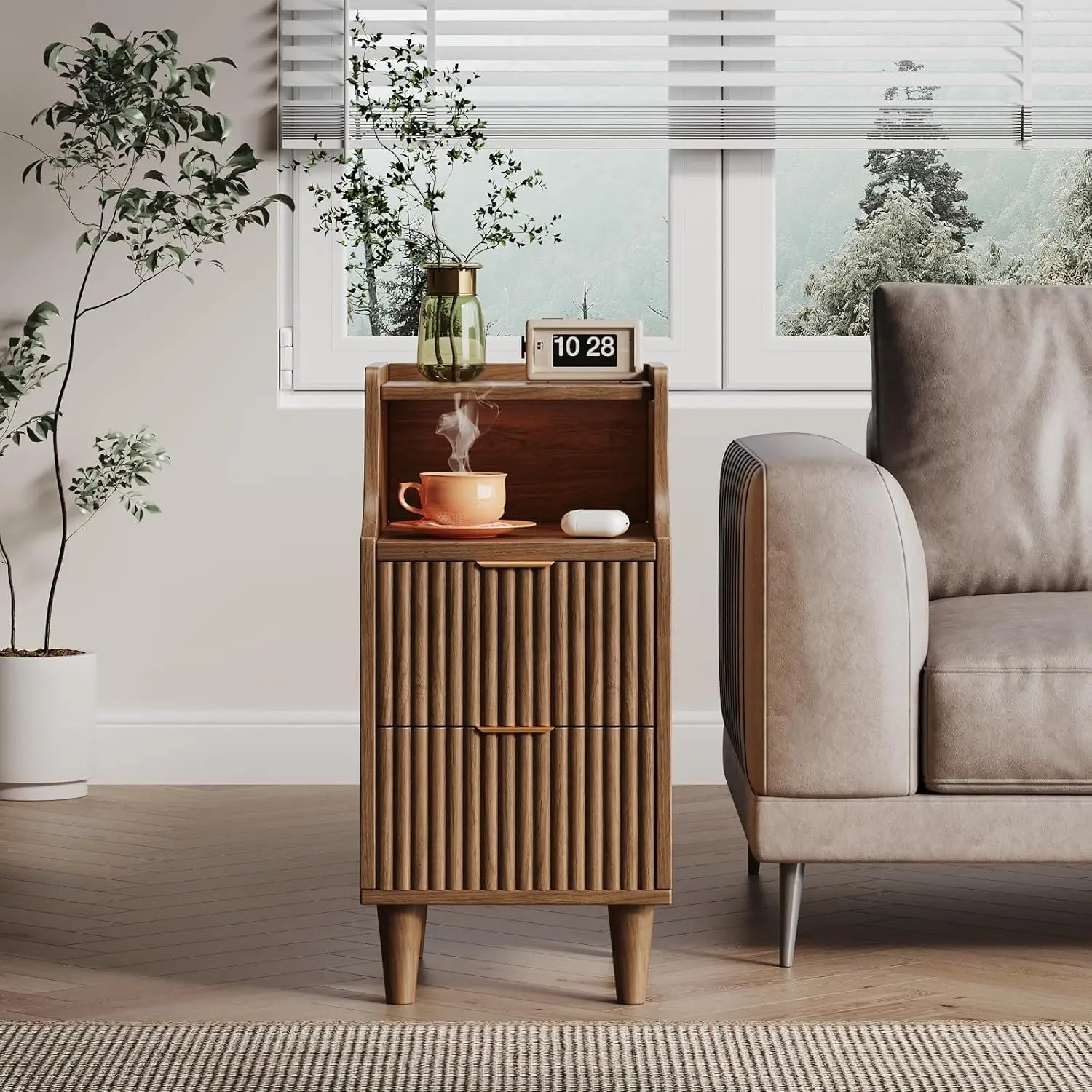 Fluted 2-Drawer Nightstand Set Slim Wooden Mid Century Modern Side End Table for Bedroom Living Room Office, Customized