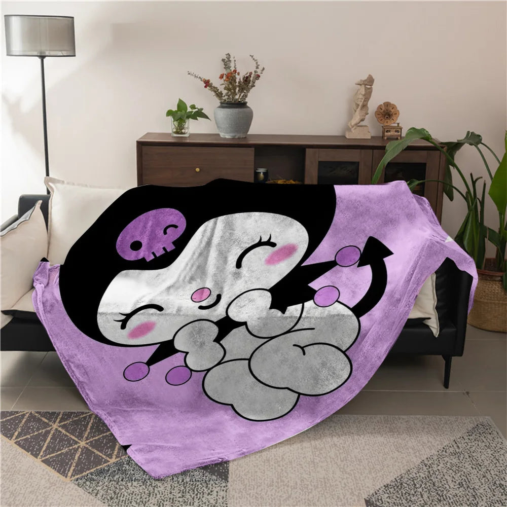 1 Cute Kuromi Blanket Single Sided 2D Print Soft Flannel Throw Blanket Living Room Bedroom Sofa Decor Kawaii Vibe Accessory Gift