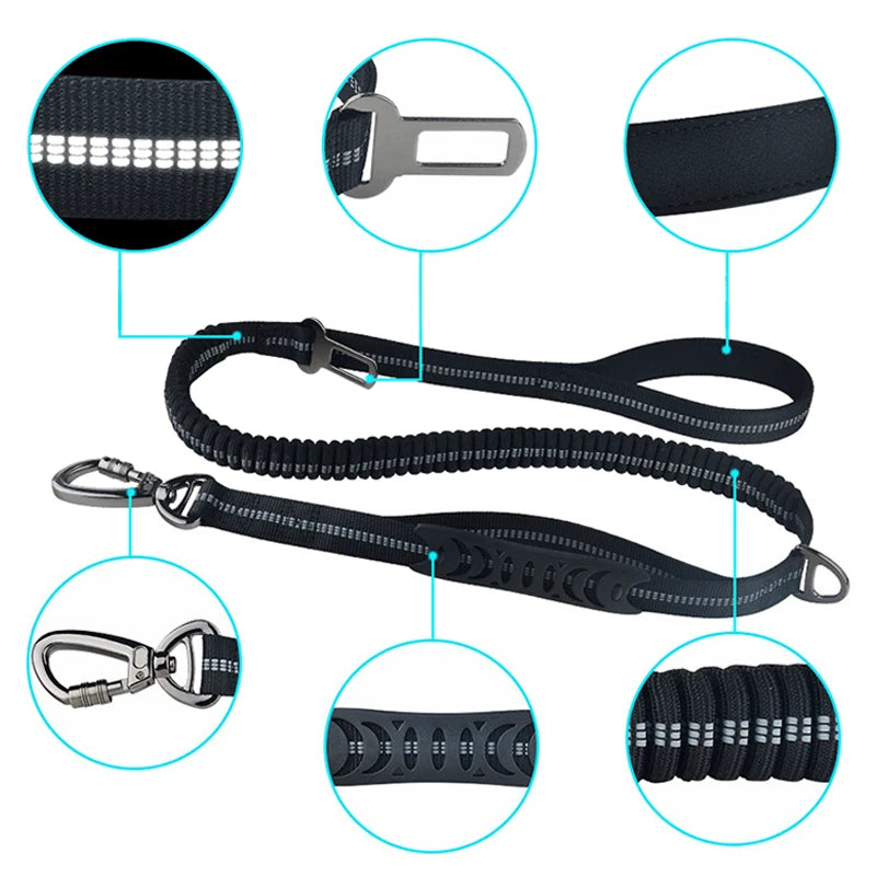 Nylon reflective multi-functional retractable dog leash Reflective Shock Absorbing Pet Leashes with Car Seatbelt for Large Dogs