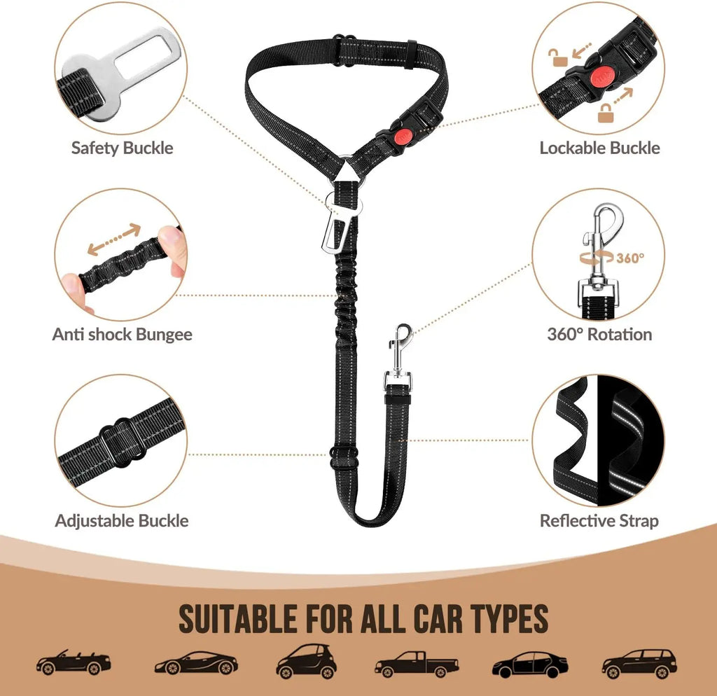 Dog Seat Belt for Car Elastic Headrest Restraint Pet Seatbelt Adjustable Safety Tether Shock Absorb Bungee Dog Leash Reflective