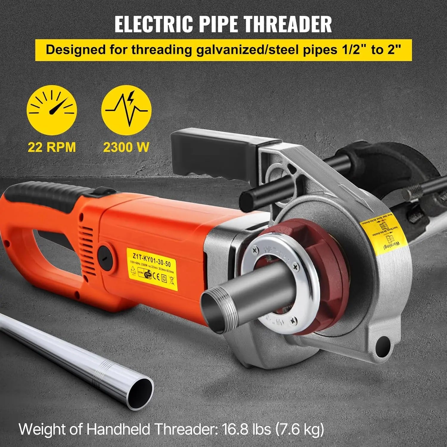 Electric Pipe Threader, 2300W Pipe Threading Machine with 6 Dies 1/2"-2", 110V Hand-held Pipe Threader Machine