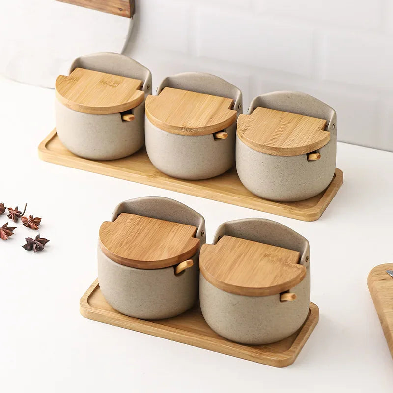 Ceramic Seasoning Jars with Wooden Lid Salt Shakers Kitchen Supplies White Spice Organizer Canister Spoon Set White Sugar Box