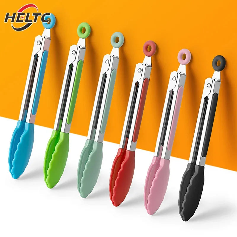 Silicone BBQ Grilling Tong Kitchen Cooking Salad Bread Serving Tong Non-Stick Barbecue Clip Clamp Stainless Steel Tools Gadgets