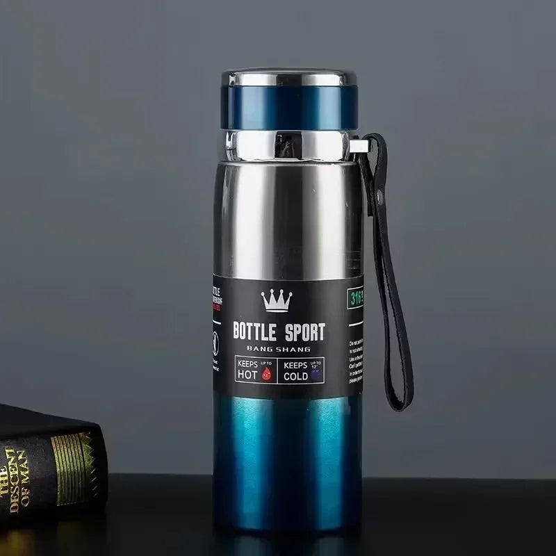 Thermos Bottle 1L Thermal Water Bottle Stainless Steel Insulated Cup Gradient Color Lid Strap Travel Outdoor Sports Wholesale
