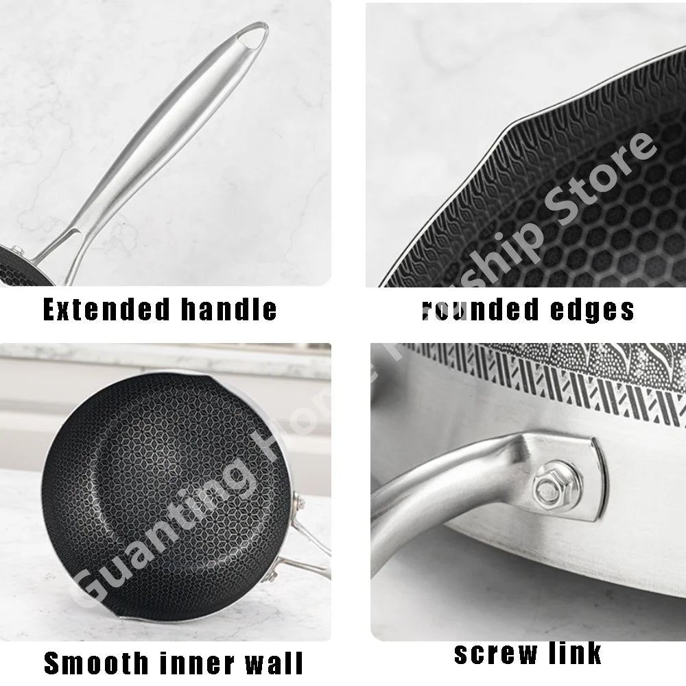 410 Stainless Steel Honeycomb Frying Pan Steak Cooking Non-Stick Pan Flat Bottom Wok Induction Cooker Universal Kitchen Cookware