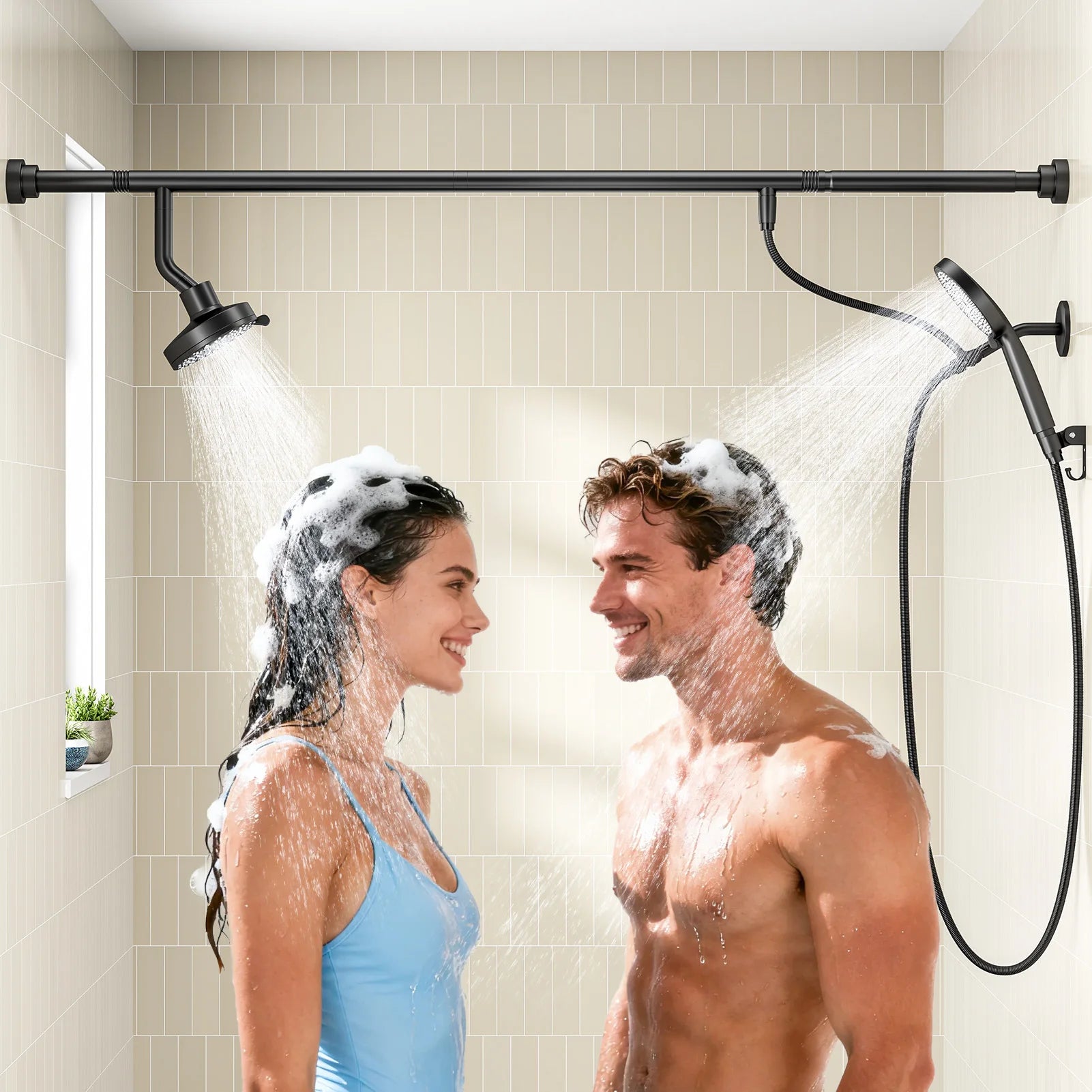 Tandem Shower Head For Couples, Dual Shower Head with Handheld, High Pressure Double Shower Heads for Two People Rod