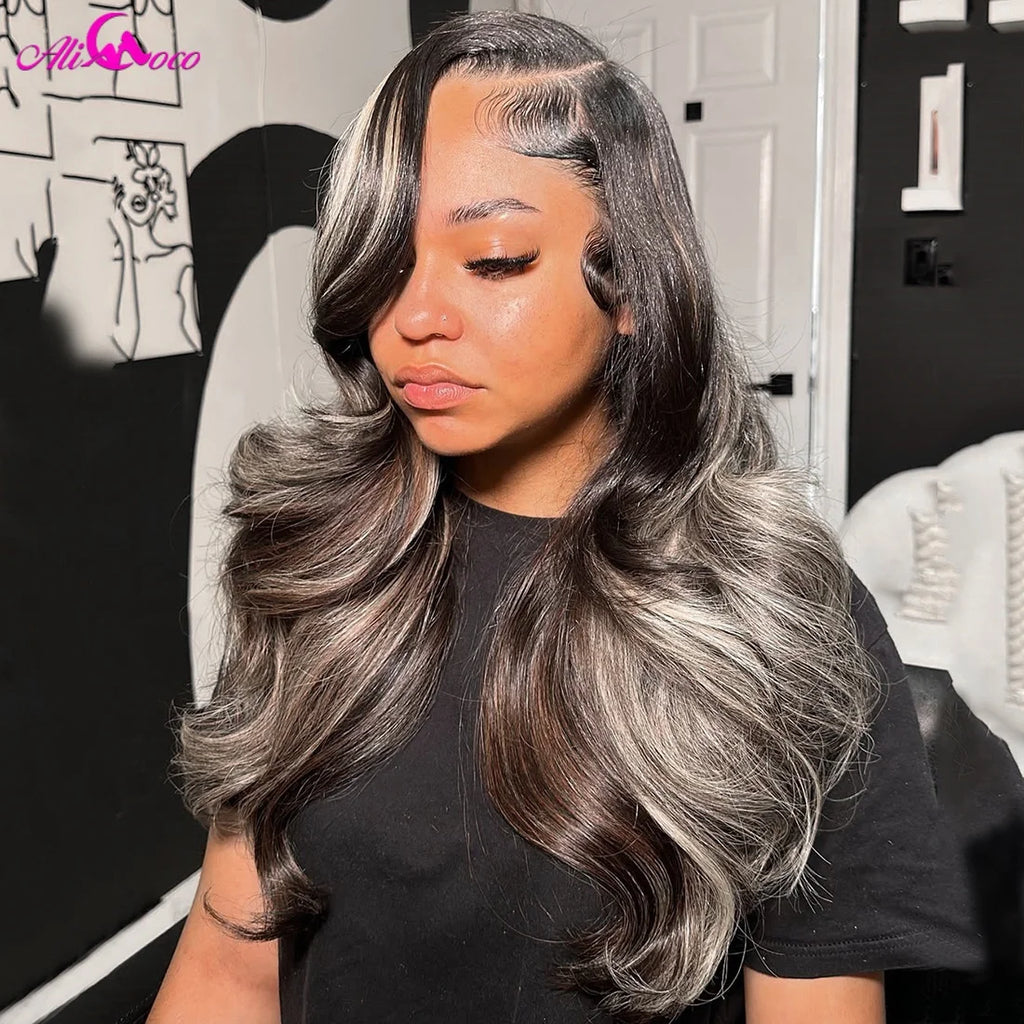 Highlight Ash Blonde and Black Body Wave Wig Human Hair 13X4 13x6 Body Wave Lace Frontal Human Hair Wigs Pre plucked 180 Density
