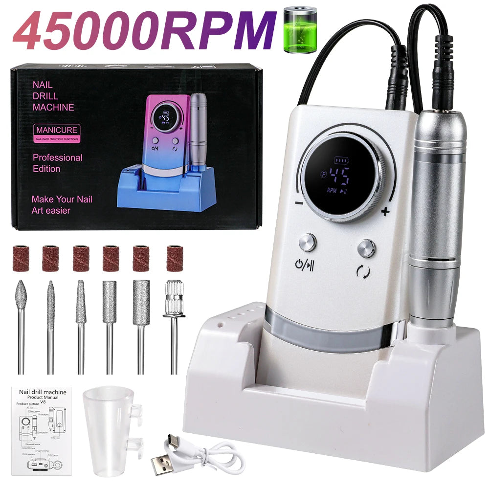 45000RPM Professional Nail File Rechargeable Electric Nail Drill Machine Low Noise Nail Sander File For Manicure Salon Tool