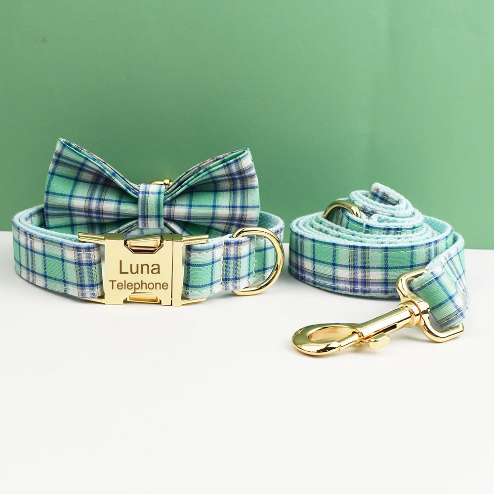 Plaid Dog Collar And Leash Set For Dogs Custom Engraved Nameplate Pet Supplies Dog Leash Grid