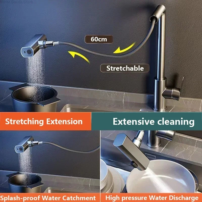 Waterfall kitchen faucet stainless steel 360° rotating waterfall flow nozzle hot and cold water sink mixer kitchen pull-out fauc