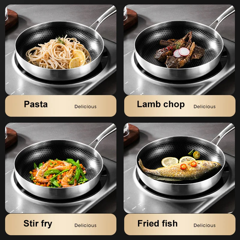 Frying Pan 316 Stainless Steel Uncoated Non-stick Pan Double-sided Honeycomb Pot Kitchen Cookware for Gas Stove Induction