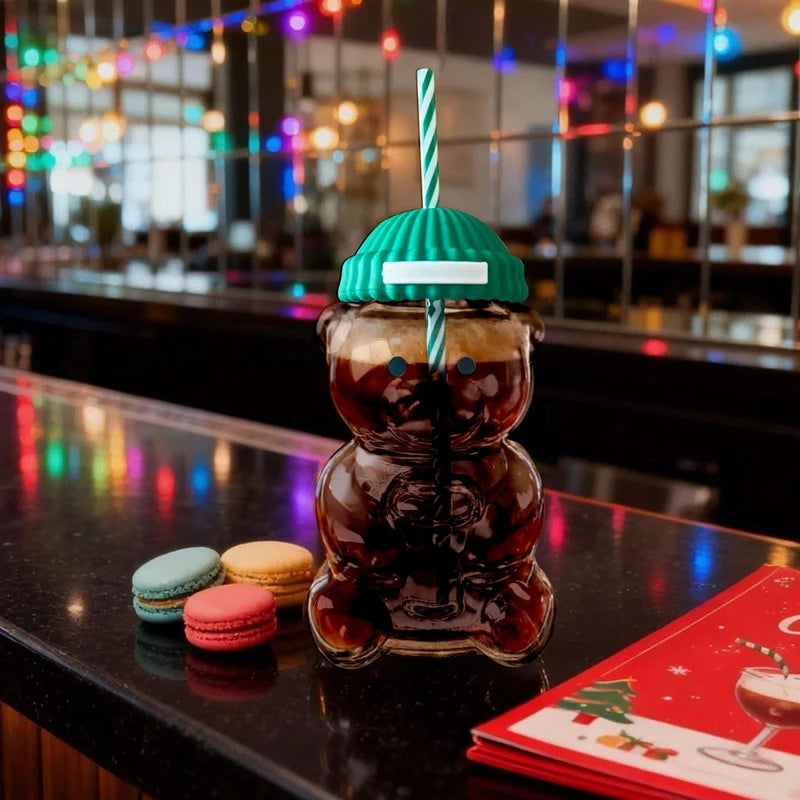 1pc 500ml Christmas Bear Coffee Cup Bear Straw Cup with Lid and Straw Wine Juice Milk Beverages Utensils Holiday Gifts