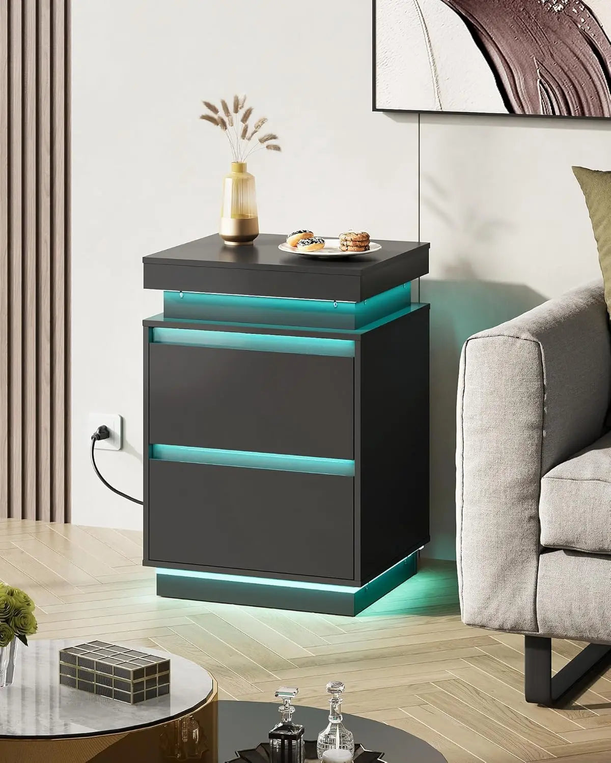 Black Nightstand with Charging Station and LED Lights, Bedside Table with 2 Wooden Drawers and Sliding Top, Modern, Customized