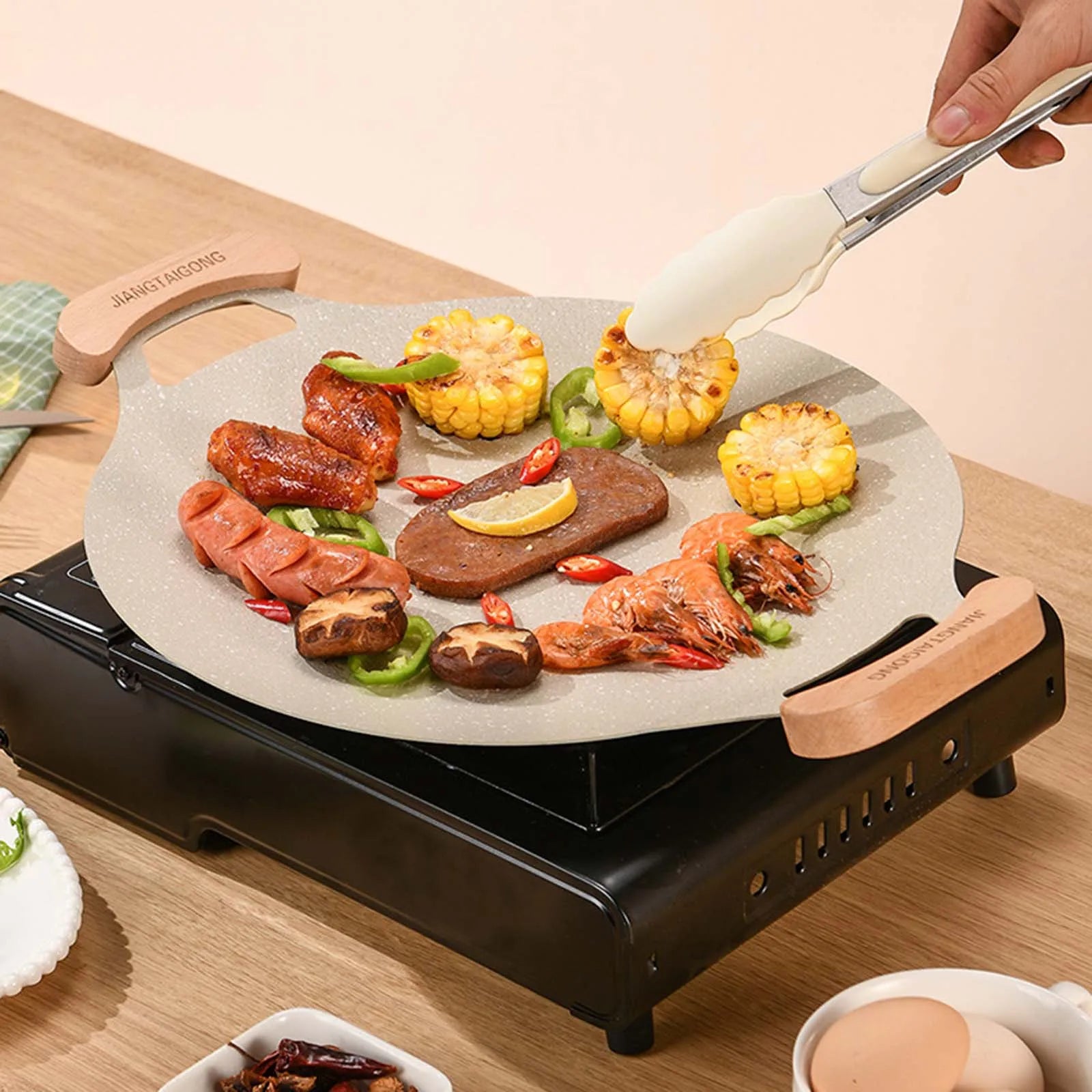 Korean BBQ Pan Binaural Design Portable Kitchen Accessories Frying Pan Griddle Pan for Travel Picnic Indoor Kitchen Home