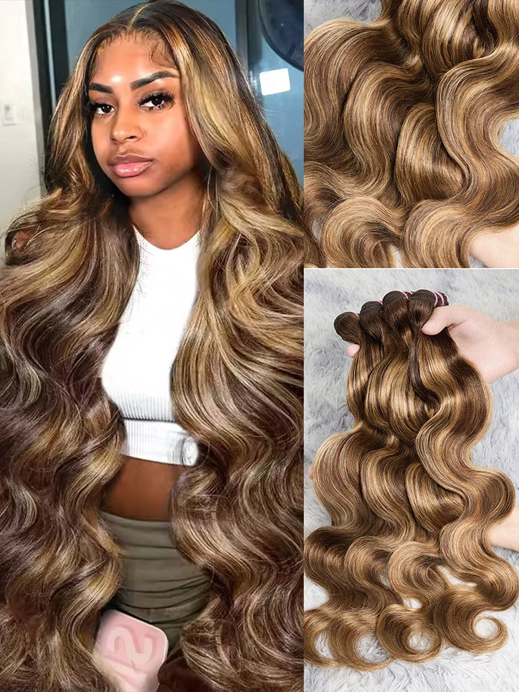 Ombre Highlight Body Wave Hair Bundles 22 24 26 28 Inch Remy Hair Extensions 4/27 Colored 100% Human Hair Brazilian Hair Weave