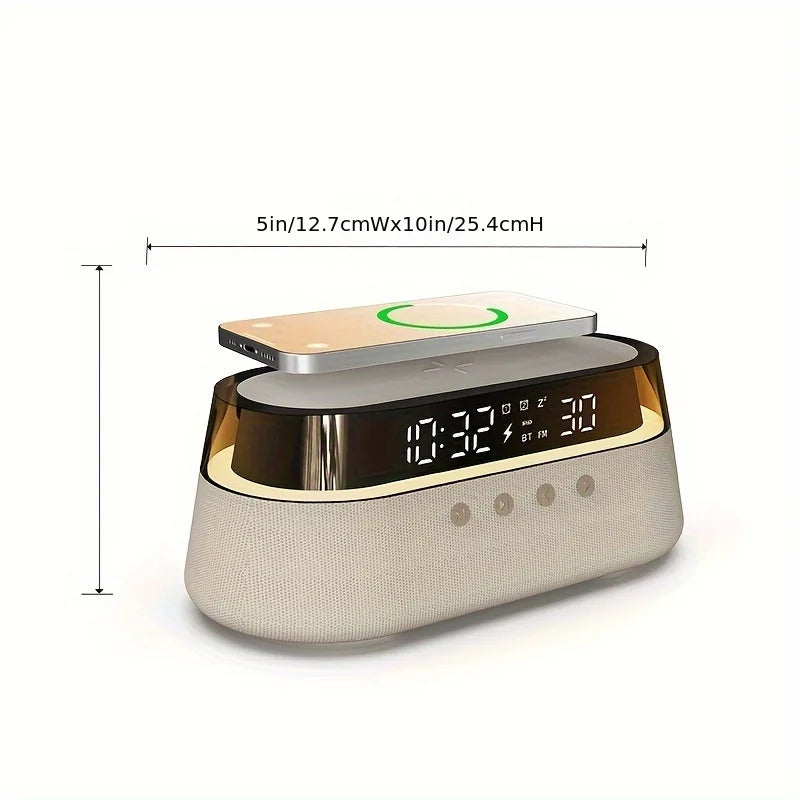 Aretelo 6-in-1 Bedside Wireless Charging Clock, 12/24H Multi-Mode Digital AlarmClock, FM Radio, Bluetooth Speaker, Smart Night L