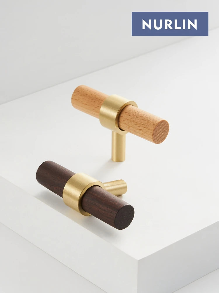 Nurlin Brass Natural Walnut Beech Wood Kitchen Furniture Handle American Nordic Style Drawer Wardrobe Pull T Bar