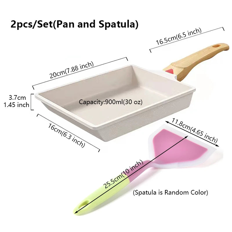 2pcs/Set Tamagoyaki Japanese Omelette Pan with Silicone Spatula Egg Pan Skillet Rectangle Frying Pan Kitchen Cooking Accessories