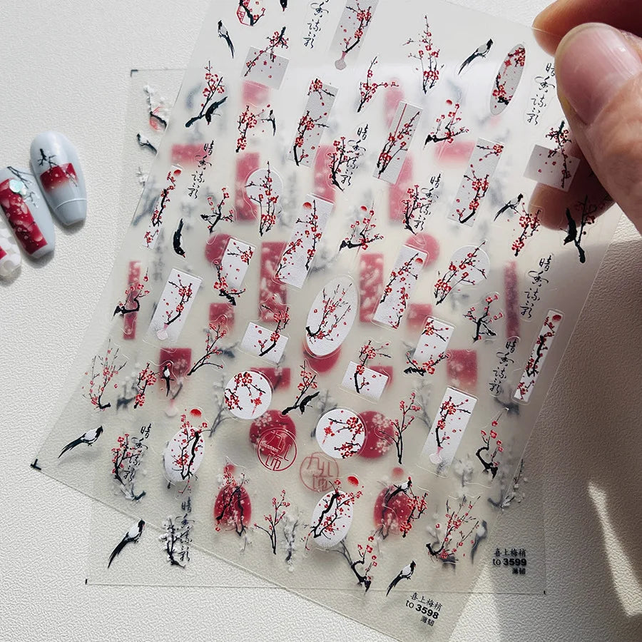 2pcs 5D Kawaii Plum Blossom Nail Stickers Fashion Chinese Flower Nail Art Decoration Self-Adhesive Decals DIY Slider Accessories