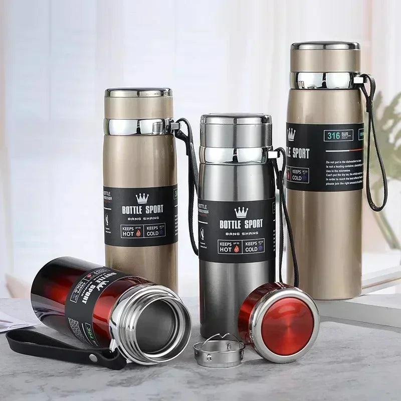 Thermos Bottle 1L Thermal Water Bottle Stainless Steel Insulated Cup Gradient Color Lid Strap Travel Outdoor Sports Wholesale