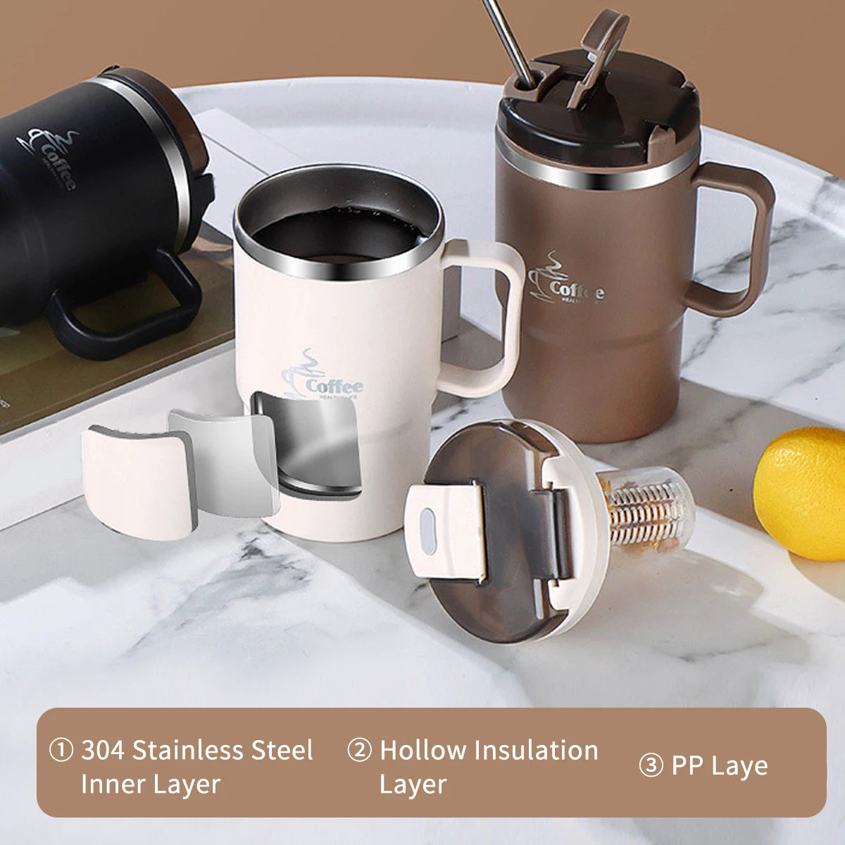 450/500ml Double Wall Insulated Mug 304 Stainless Steel Coffee Cup With Strainer&Spoon Student Portable Drinking Cup Drinkware