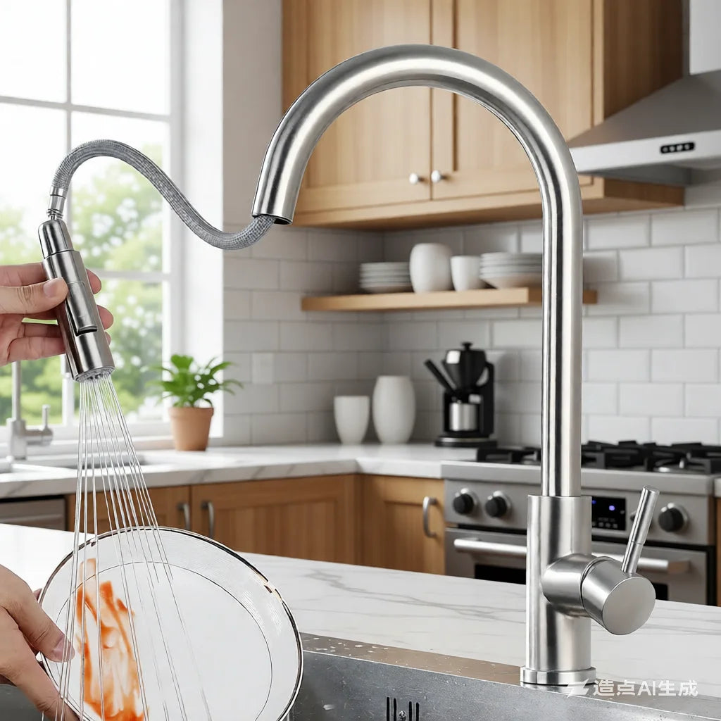 Stainless Steel Pull-Down Kitchen Faucet Brushed Nickel Hot/Cold Mixer Single Hole G1/2 Heavy-Duty for Kitchen Bath