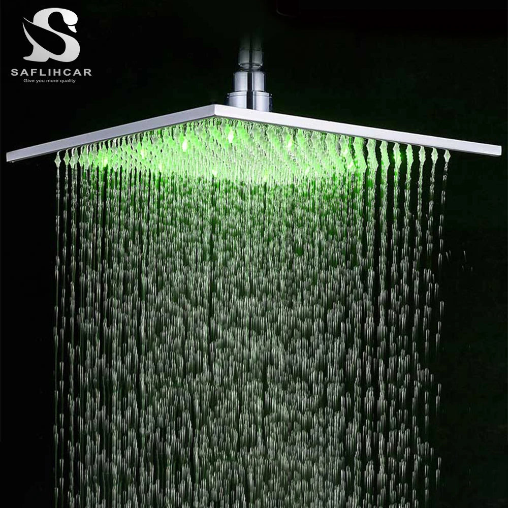 16 inch/40cm Black Rainfall Shower Head LED Light 16" Large Rainfall Faucet Head Square Brass Showerhead 3 Color Changing Head