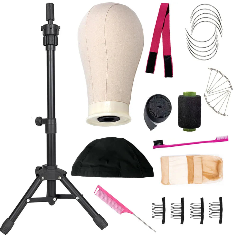Canvas Block Head Set for Wig Display Making Hair Weave and Styling Mannequin Head with Mount Hole C Stand, Styling Hair Clips