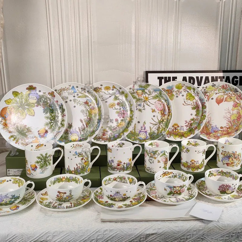 Bone China Dinner Plate Anime Cup and Saucer Set Coffee Mug Cute Cartoon Pattern Ceramic 9.5 Inch Dish Household Tableware Gift