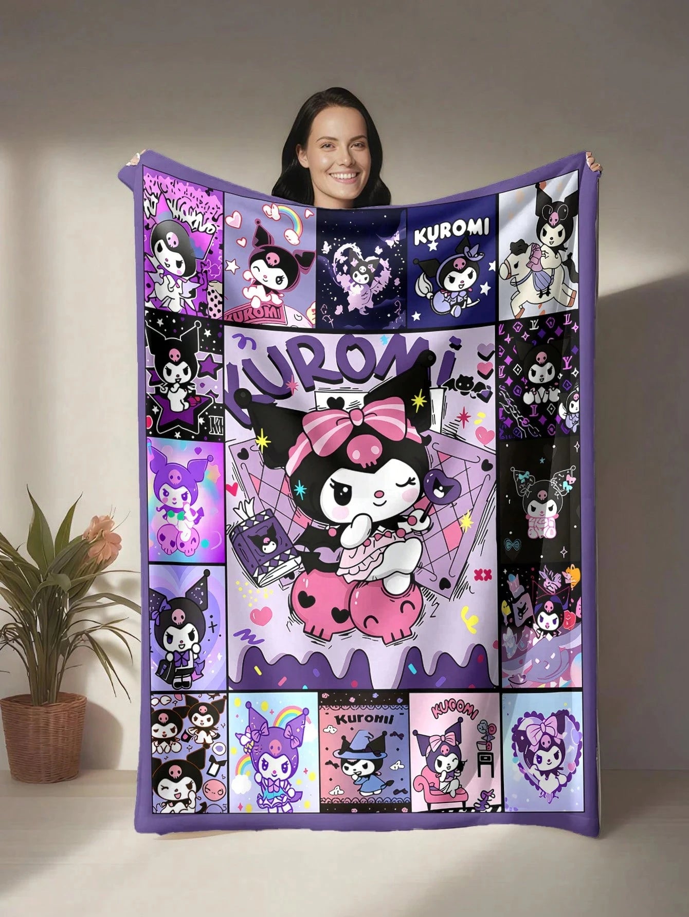 1pc Sanrio Kuromi Themed Flannel Blanket, 2D Flat Print, All-Season, Otaku Throw for Bedroom, Living Room, Napping, Camping & Gi