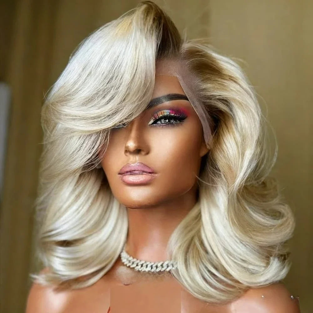 Short Bob Body Wave Lace Front Wigs Human Hair for Women 13x4 Hd Ombre Brown Roots Ash Blonde Lace Front Wigs 250% Density