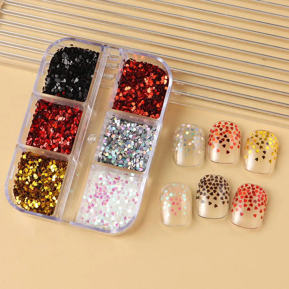 6 Grids Y2K Cute Heart Glitter Nail Sequins Kawaii Mini Golden Laser Silvery Love Nail Flake Korean Star DIY Nail Charm Supplies