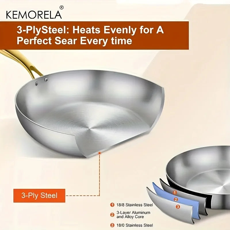 3PCS 316 Stainless Steel Gold Handle Frying Pan 2MM Thick Wok Pan 5 Ply Steel Food Grade Safety Non-Stick Pans Multiple Sizes