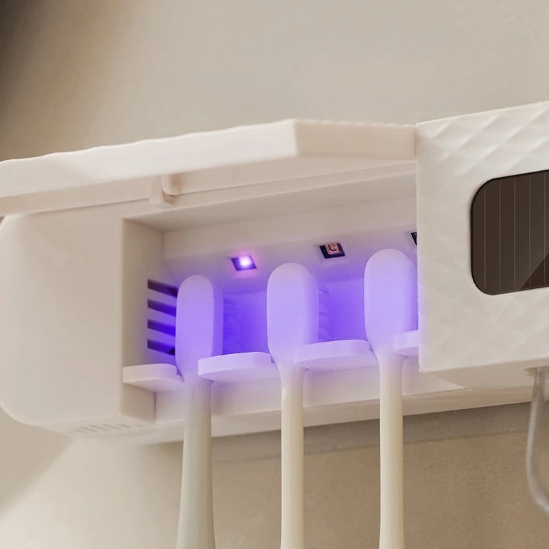 1 smart toothbrush rack wall mounted 3-slot toothbrush intelligent drying rack, toothpaste dispenser, household daily necessitie
