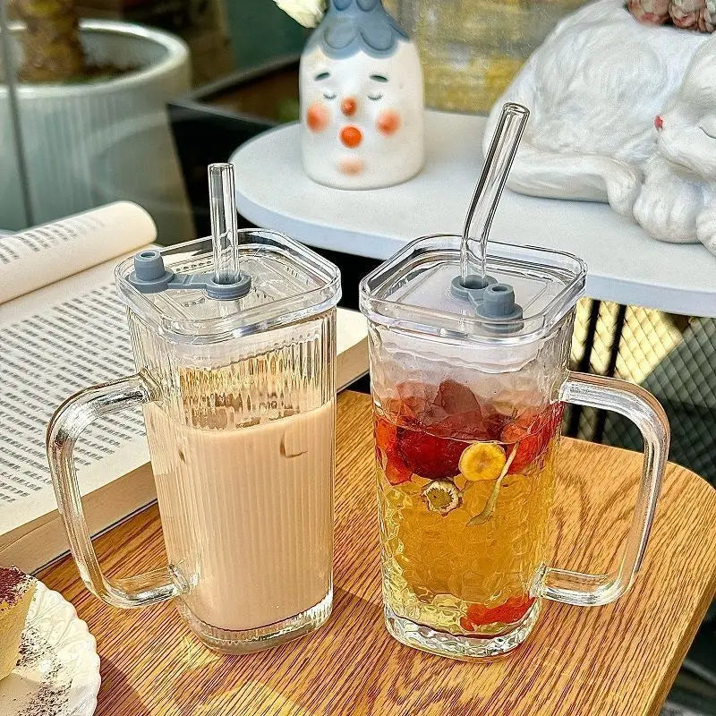 250ML transparent ins with handle glass cup stylish women's summer juice drink cup  striped with lid straw cup