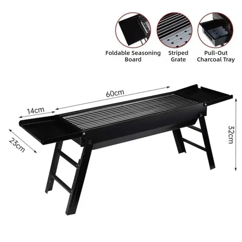 Folding Stainless Steel BBQ Charcoal Grill With 2 Side Trays Portable Camping Hiking Barbecue Accessory