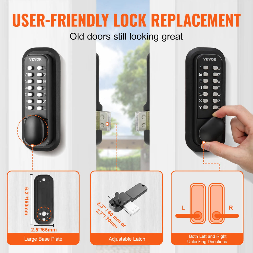 SucceBuy Mechanical Keyless Entry Door Lock 14 Digit Keypad Outdoor Gate Door Locks Set with Surface-mounted Latch Door Lock