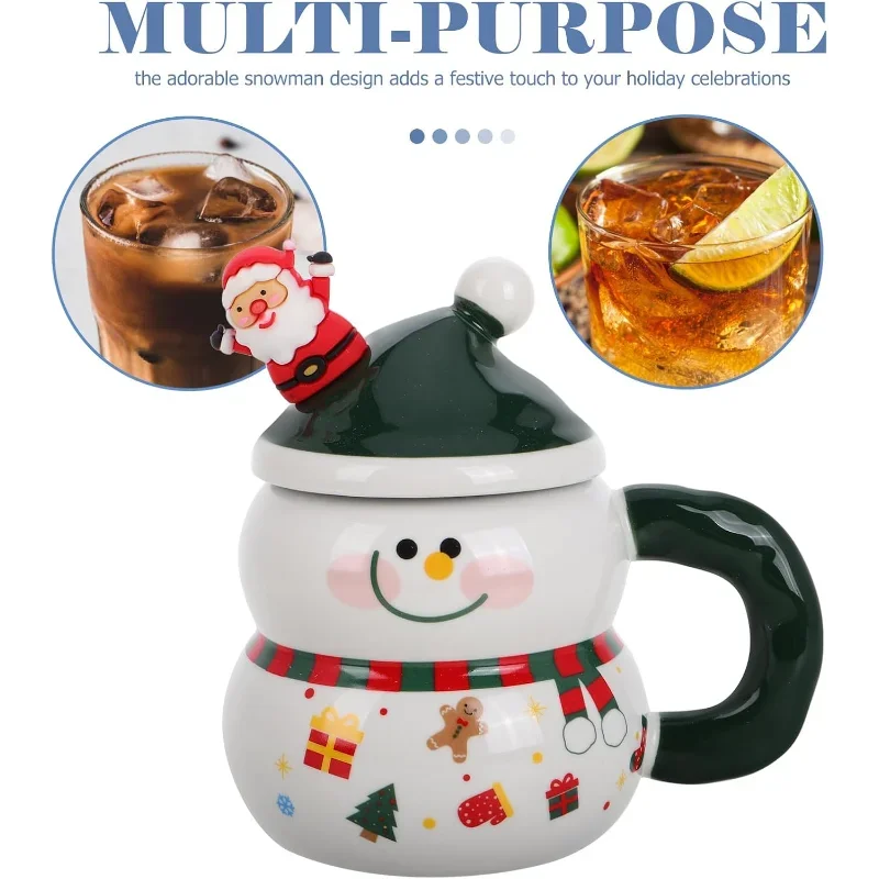 Snowman Mugs with Lid: Porcelain Christmas Coffee Mugs with Spoon for Coffee Hot Chocolate - Christmas Ceramic Cute Drinkware
