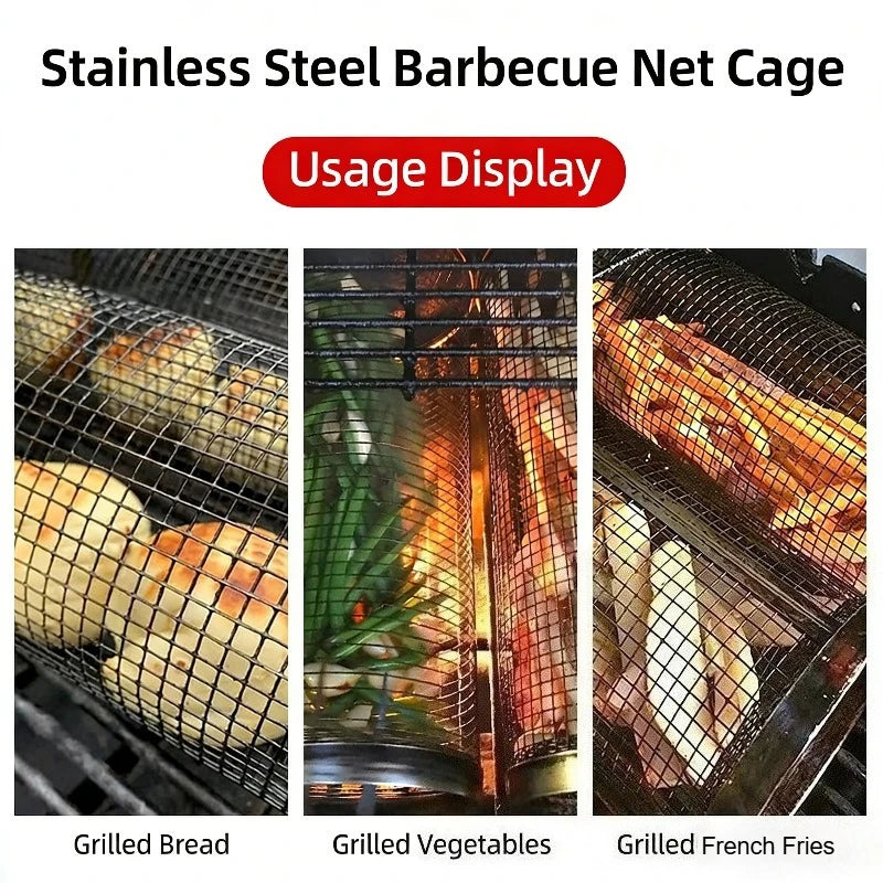 Circular Barbecue Cage, Outdoor Smoking Cage, Multifunctional Barbecue Net, Rotating Drum, Portable 304 Stainless Steel Rack