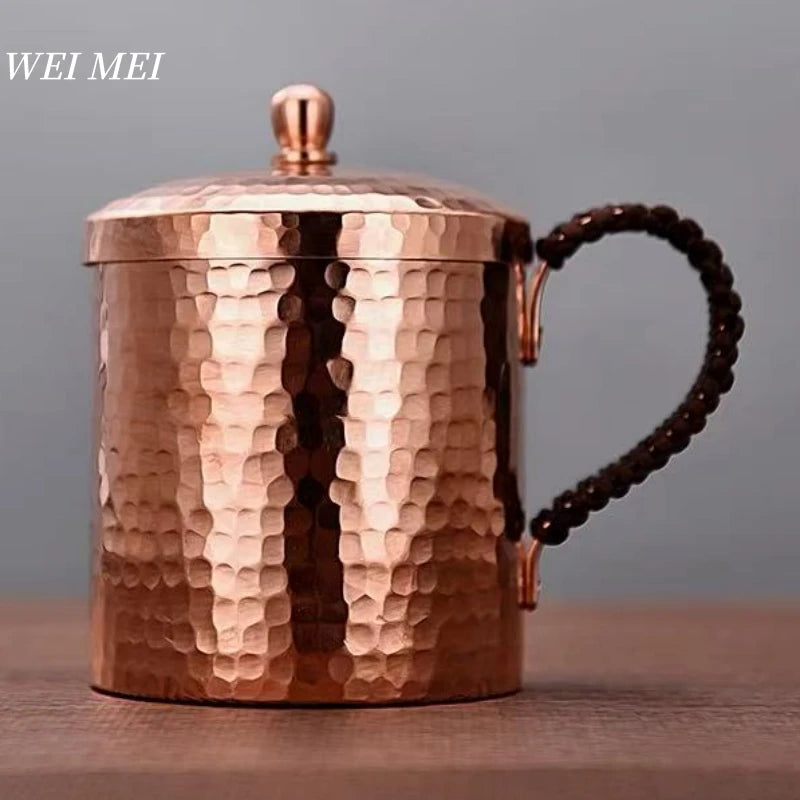 Handcrafted Vintage Pure Copper Coffee Cup,With lid Juice Breakfast Mug,Woven Handle Hammer Texture Home 550ml Tea Cup Tableware