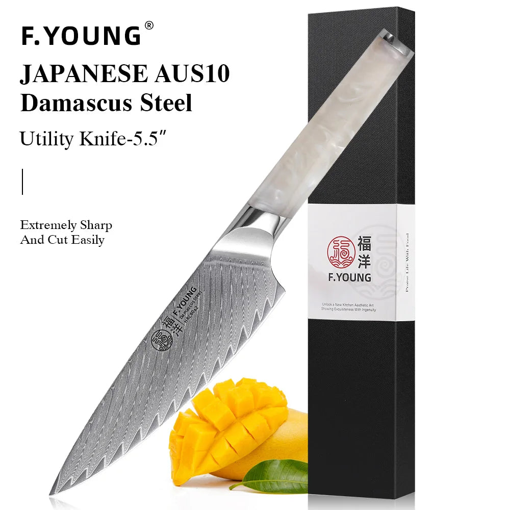 F.YOUNG 5.5" Utility Knife Damascus Steel Japanese Chef Knife Cut Vegetable Meat Fruit Professional Kitchen Knives Cooking Tools