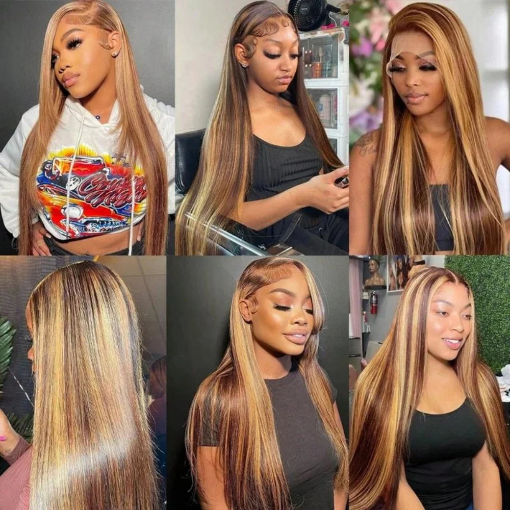 P4/27 Highlight Bone Straight Wigs Human Hair 13x6 HD Lace Frontal Wig Brazilian Honey Blonde Colored Human Hair Wigs