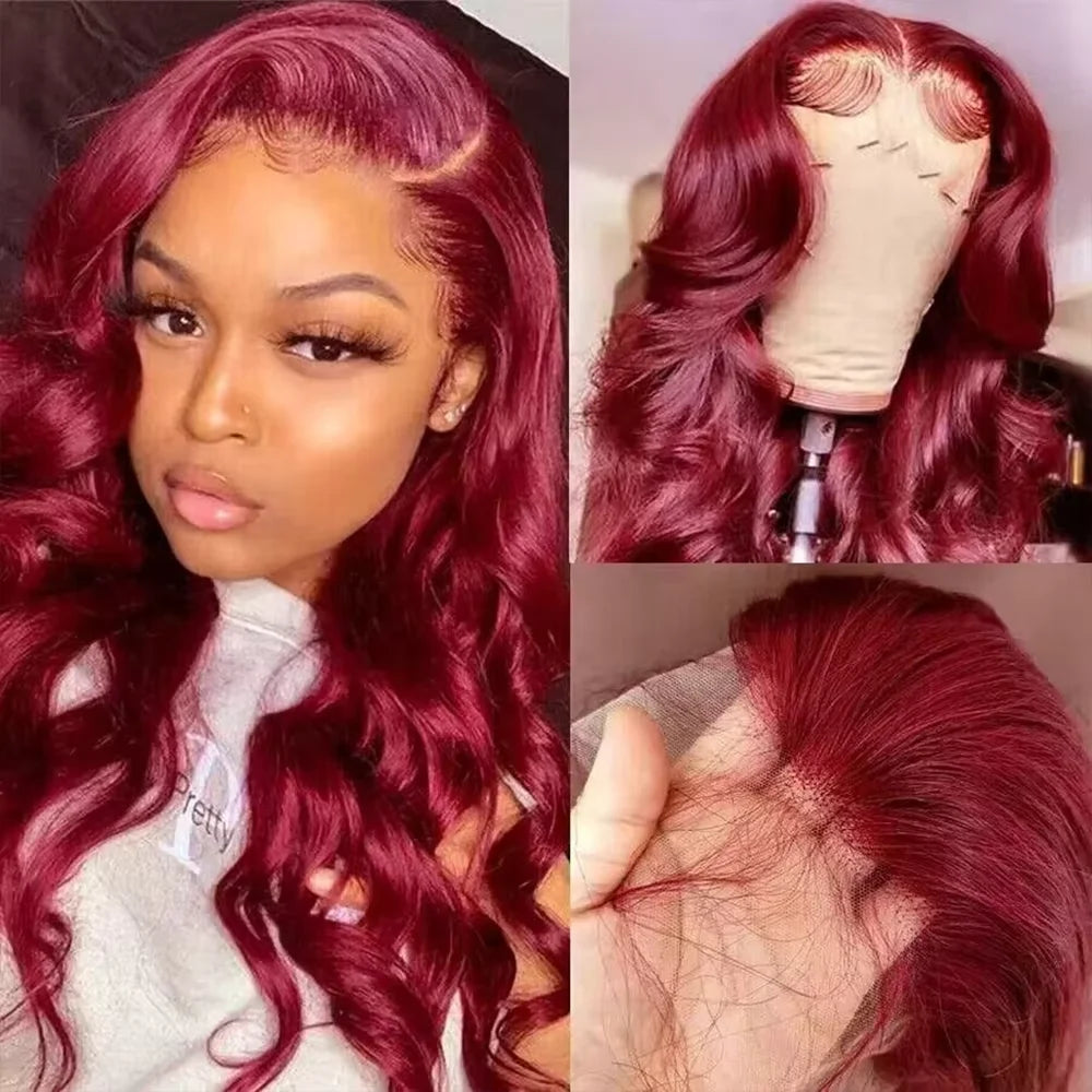 250% Density 99j burgundy 13x6 Lace Front Human Hair Body Wave 13x4 30 36 Inch Red Colored Lace Frontal Wigs Brazilian For Women