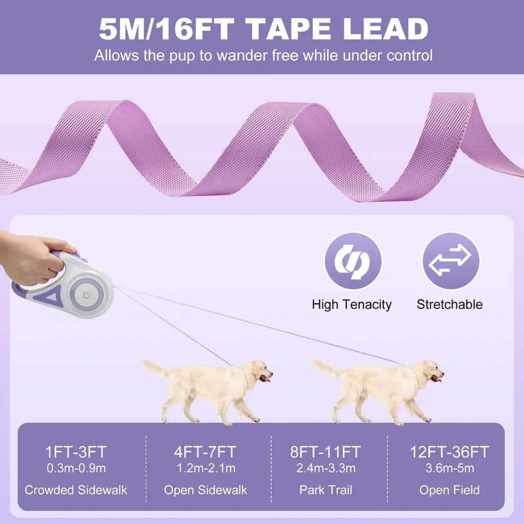 3M/5M Automatic Retractable Dog Leash with Flashlight Anti-Slip 360°Tangle-Free One Button Lock Rope for Night Walking Dog Leash