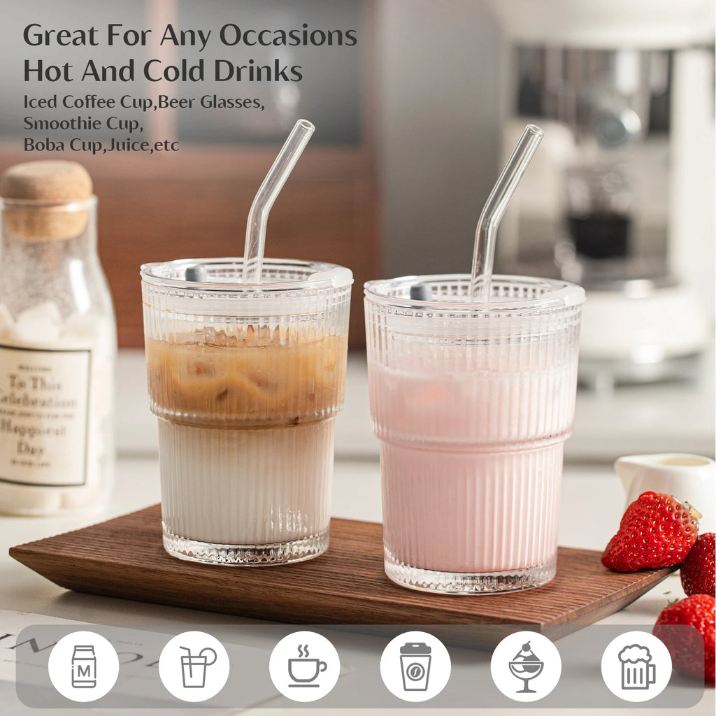 1/2PCS 450ml Stripe Glass Cup Whiskey Glass Transparent Glasses With Lid and Straw Ice Coffee Mug Juice Glass Milk BeerDrinkware