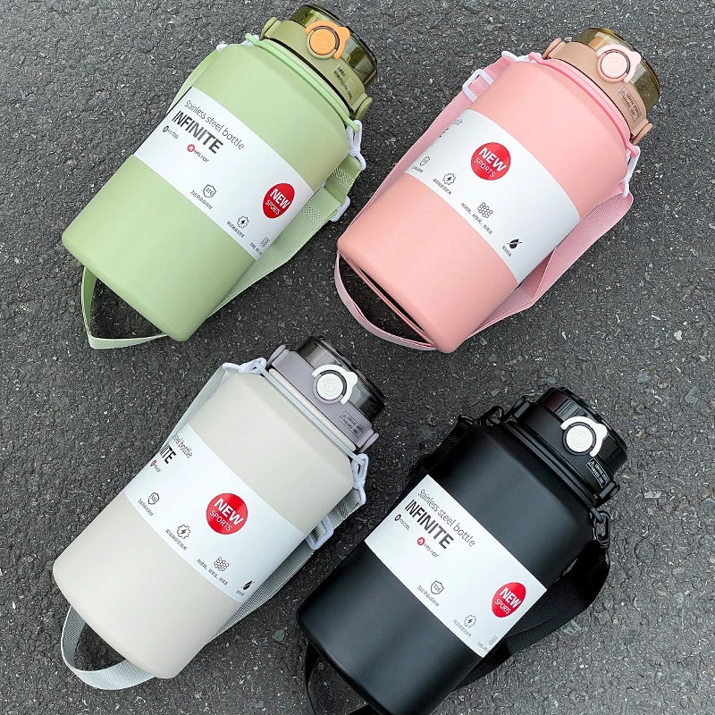 1pc 2000ml Large Capacity Stainless Steel Thermos Mug, Insulated Water Bottle with Handle & Straw, Leakproof Sports Water Jug fo