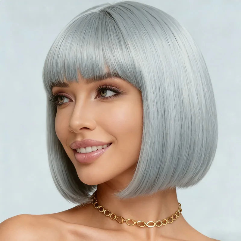 Ladies' synthetic wig silver gray 12 inch elegant style, suitable for daily parties and holidays wear